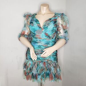 Blue and Brown Maxi Dress with Puff Sleeves and Plunge Neckline
